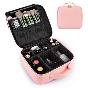 Trousse de maquillage de voyage portable, trousse de maquillage professionnelle, boîte de rangement de maquillage, trousse de maquillage étanche pour artiste, trousse de maquillage en cuir PU (rose) - Neuf