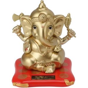 Statue de Ganesh énergie solaire (10 x 10 x 12 cm) pour tableau de bord de voiture, décor, temple, statue éléphant sculpture hindoue de Bouddha, magnifique miniature Ganesh (doré) - Neuf