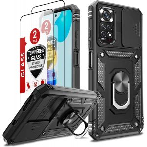 Kal-Coque Pour Xiaomi Redmi Note 11/Redmi Note 11s 4g Avec Protection Caméra Coulissant Et 2 Verre Trempé, Militaire Anti-Chute Bumper Antichoc Anti-Rayures Pc Et Tpu Housse Etui Support Rotatif Noir - Neuf