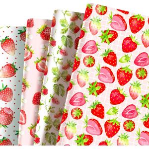 CAUC-12 Feuilles Papier Cadeau Th&egrave;me Fraise, Papier Cadeau Rose, Emballage Cadeau Mignon, Emballage Cadeau Anniversaire Fille, D&eacute;coration F&ecirc;te Anniversaire Th&egrave;me Fruits 68cm x 50cm - Neuf