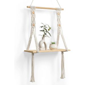 TIANYI-Etagere Murale Bois Macram&eacute; Boheme Deco Plantes Simple Houppe Manuel Tiss&eacute; Chambre Salon WC Etagere Suspendue Corde - Neuf