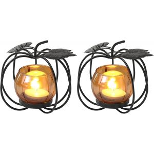 Lot De 2 Photophore Metal Noir, Decoratif Citrouille Chandeliers Bougeoir Fer Avec Bougeoirs Verre Dor¿, Porte Bougies Decoration Table Pour Valentin Anniversaire Mariage No¿L La Toussaint - Neuf