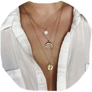 Kal-Boho Collier En Forme De Disque De Pièce De Monnaie En Forme De Médaillon En Or Collier Avec Pendentif En Forme De Croissant De Ras De Cou, Collier Multicouche, Bijoux En Chaîne (Or D) - Neuf