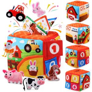 Baby Toy 6-12 Months,Sensory Toy with 7 Farm Animals and 3 Crinkled Handkerchiefs,Montessori Games Activity and Development Toys,Gift for Children 1 2 3 Years Old - Neuf