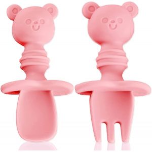 Lot De 2 Cuillères Et Fourchettes Pour Bébé, Couverts Ergonomiques Pour Encourager Bébé À Manger Seul, Sans Bpa (Rose) - Neuf