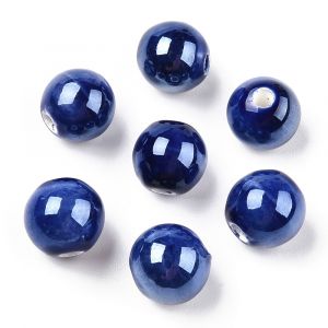 20 Perles Porcelaine Emaillee Rondes 8mm Bleu De Prusse Fait Main, Fabrication Bijoux Diy - Neuf
