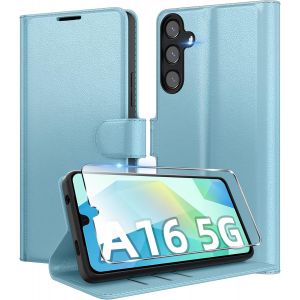 JGD-Coque pour Samsung Galaxy A16 5G/4G en Premium Cuir PU, Portefeuille Housse Etui pour Cartes Protection Anti-Choc Flip Case avec 1 Verre Tremp&eacute; Bleu - Neuf