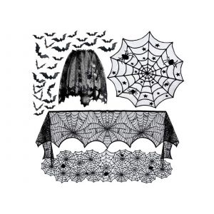 Kit de d&eacute;coration d'Halloween avec nappe, chauves-souris et accessoires - Neuf