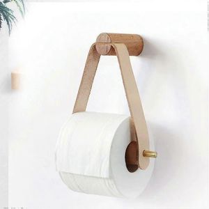 Porte-papier toilette mural en bois et cuir,Porte-papier en rouleaux de mouchoirs rustique Mural,Accessoires de salle de bain gracieux et naturels avec autocollants - Neuf