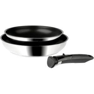 Kalanka-713508 Lot De 2 Po&ecirc;les Inox Gamme Sitramovible Arpege &Oslash; 24-28 Cm H 5-6 Cm - Rev&ecirc;tement Int&eacute;rieur Noir Sans Pfoa - Manche Amovible Sitramovible - Tous Feux Dont Induction - Neuf
