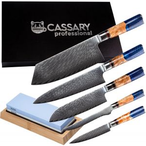 Jexnovashop-Set De Couteaux De Cuisine Professionnel En Acier Damas Avec Pierre &Agrave; Aiguiser Japonaise. Couteau Japonais Professionnel (Pierre A Aiguiser Japonaise Inclus) Id&eacute;al Pour Tout Chef (5 Set) - Neuf
