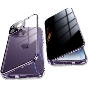 Coque Magnétique Pour Iphone 14 Pro Max (6,7"") - Verre Trempé Anti-Regard, Protection 360° Avec Bumper Métal Et Dos Transparent - Violet - Neuf