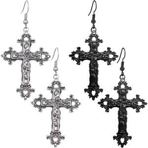 Kal-Lot De 2 Paires De Boucles D'oreilles Croix Gothique Vintage Pendentif Croix Boucles D'oreilles Rock Punk Croix Crochet Boucles D'oreilles Pour Femmes - Argent Noir Style 2 - Neuf