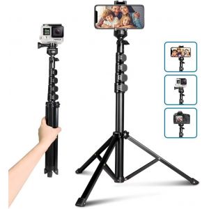 Trépied selfie de 1,6 m, pour appareil photo et téléphone portable, avec télécommande Bluetooth et tête de trépied universelle - Neuf