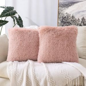 Cauc-No&euml;l Lot De 2 Housse De Coussin En Polyester Avec Des Poils Fourrure Carr&eacute; Moderne Confortable Doux Taie D'oreiller D&eacute;coration Pour Salon Chambre Canap&eacute; 40x40cm Rose Fonc&eacute; - Neuf