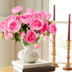 Bouquet de 4 pivoines artificielles de luxe en soie au toucher r&eacute;aliste avec tiges pour mariage, d&eacute;coration d'int&eacute;rieur, vases, centre de table, ne fanent pas (rose fonc&eacute;, pivoine) - Neuf