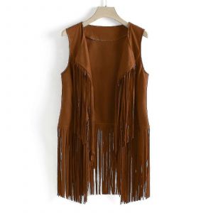 Femmes Automne Hiver Daim Ethnique Sans Manches Glands Gilet Frangé Cardigan-M-Kaki - Neuf