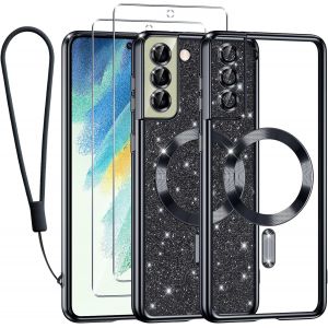 SJZG-Glitter Magn&eacute;tique Couqe Pour Samsung Galaxy S21 Fe 5G Avec 2 Pi&egrave;ces Verre Tremp&eacute; &Eacute;tui [Compatible Avec Magsafe] Antichoc Brillant Souple Housse Pour Samsung S21 Fe 5G Con Cordon, Noir - Neuf