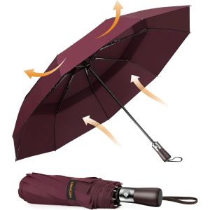Parapluie Pliant Automatique Compact, Parapluie Solide Homme de Voyage, Rev&ecirc;tement en T&eacute;flon 210T, Anti-Temp&ecirc;te, Double Toit Coupe-Vent Ventil&eacute;, Poign&eacute;e en Bois V&eacute;ritable - Neuf