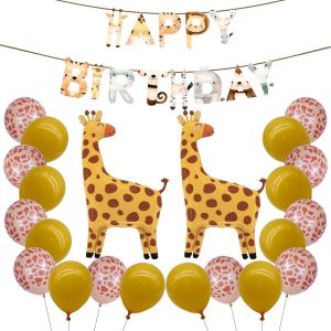 ChicSlick-2 Ballons De Girafe, 1 Drapeau De Joyeux Anniversaire, 20 Ballons De 12 Pouces, Décoration De Set Suspendue À La Jungle Animal, Décoration De Fête D'Anniversaire Pour Enfants.[X1092] - Neuf
