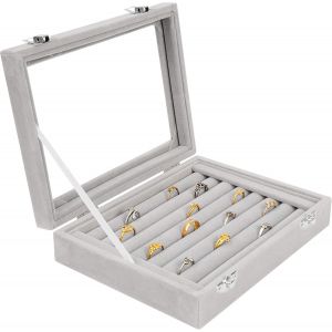 Boîte De Rangement Pour Bagues En Verre Gris À 7 Compartiments ¿ Boîte Pour Bagues, Boutons De Manchette Et Boucles D'oreilles - Neuf