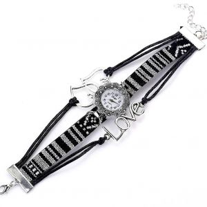 Duoya Femmes Style Ethnique Lettre Décoration Cadran Rond Bracelet Montre-Bracelet Montre (Noir) - Neuf