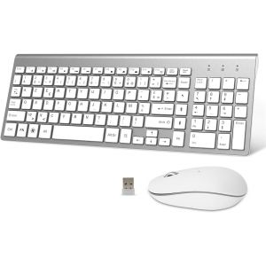 Clavier Souris sans Fil-AZERTY 2.4G Silent Compact Clavier de Souris Pleine Taille Ergonomique pour PC/Ordinateur/Laptop/TV/Windows-Blanc argenté - Neuf