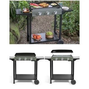 Plancha gaz Barbecue 3 br&ucirc;leurs acier &eacute;maill&eacute;e 62 x 34,5 cm Allumage automatique Piezo int&eacute;gr&eacute; + Desserte - Neuf