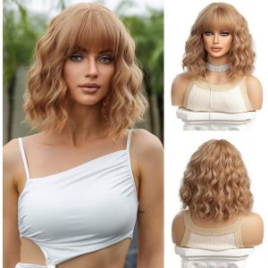 Bob Perruque Ondulée Blond Fraise Avec Frange Perruque Bouclée Ondulée Synthétique Cosplay Perruques Pour Les Femmes - Neuf