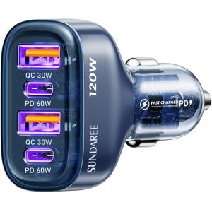 Allume Cigare USB C,120W Multiple 4 Ports 12V 24V Type C PD QC Fast Charge Rapide Prise T&eacute;l&eacute;phone Chargeur Voiture Adaptateur for Samsung S25 A56/iphone 17/Redmi/Galaxy Tab/Macbook/ThinkPad - Neuf