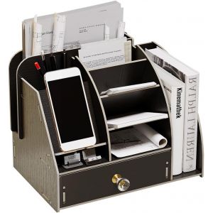 Organiseur de bureau en bois avec station d'accueil pour téléphone,organiseur de bureau avec tiroir et bibliothèque,porte-crayons,boîte de rangement pour accessoires de bureau (B20-1,.[T25] - Neuf