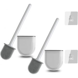 2 Pcs Brosse De Toilette En Silicone, Brosse De Toilette Murale, Ensemble Porte-Brosse De Toilette, Avec Socle Et Manche Long En Plastique Antid&eacute;rapant, Crochet, Brosse De Poils Doux (Blanc) - Neuf