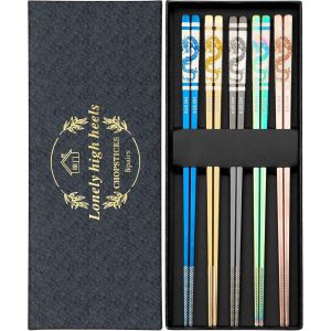 Mevronisshop-5 Paires Baguettes Réutilisables En Acier Inoxydable Baguette Chinoise Baguette Japonaise Metal Baguette Coréenne Lavables Au Lave-Vaisselle Coffret Cadeau Pour Cuisine Maison Restaurant - Neuf