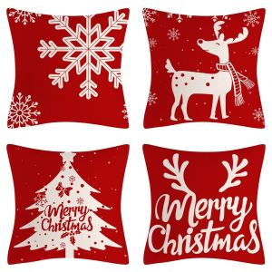 4 Pcs 18"" X 18"" No&euml;l Cerfs Housses De Coussin D&eacute;coratif De No&euml;l Canap&eacute;-Taies D'oreillers, De Draps En Coton Carr&eacute; D'oreiller Housse De Coussin Pour Canap&eacute;, Un Canap&eacute;, Un Lit Et Une Voiture - Neuf