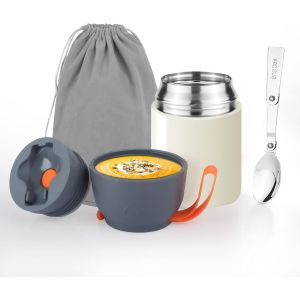 Kalanka-Bo&icirc;te Alimentaire Isotherme Repas Chaud 450ml En Acier Inoxydable Avec Cuill&egrave;re Pliante & Couvercle-Bol, Poign&eacute;e Et Antid&eacute;rapant - Blanc Cass&eacute; - &Eacute;cole/Bureau/Voyage - Neuf