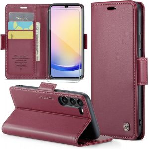 Kal-Coque Pour Samsung Galaxy A15+ 2 Pièces Verre Trempé,Antivol,Prend En Charge Le Chargement Sans Fil, Pochette Fermeture Magnétique Flip Case-Bourgogne - Neuf
