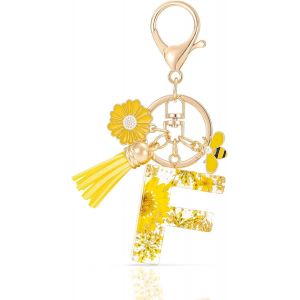 KAL-Letter Keychains Initiale Lettre Porte Clef Lettre,Alphabet Initial Keyring Avec Pampille Pendentif,Jaune Pétales Feuille D'Or Key Ring Pour Femmes Filles Portefeuilles Sac À Main Charme - Neuf
