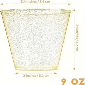 25-Pack 9 Oz 270 Ml Imitation Verre Réutilisable Gobelets À Eau Verres À Vin Tasses À Dessert Pour Cocktail,Martini Idéal Pour Les Fêtes,Les Événements Et L'utilisation Quotidienne(Paillettes D'or) - Neuf