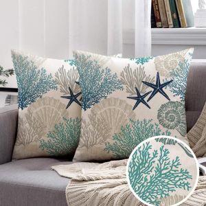 Cauc-Lot De 2 Bleu Housses De Coussins Imperméable Extérieur 45 X 45 Cm Été Housse Coussin Coquillage D'étoile De Mer Corail Taie D'oreiller Polyester Moderne Coussin Decoratif Pour Canape Jardin Sal - Neuf
