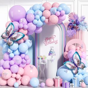 Pastel Balloon Arch Garland Kit, 106 Pcs Pink Blue Purple Latex Balloons With Butterfly Foil Balloons For Girl Birthday Wedding Baby Shower Party Decoration - Neuf