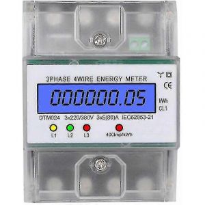 Compteur d'&eacute;nergie triphas&eacute; &agrave; 4 fils 220/380 V 5-80 A, mesure de la consommation d'&eacute;nergie en kWh, installation sur rail DIN, compteur d'&eacute;nergie &eacute;lectrique num&eacute;rique avec &eacute;cran LCD r&eacute;tro&eacute;clair&eacute; - Neuf