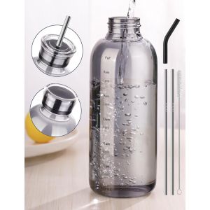 Bouteille D'eau En Verre De 750 Ml Avec Deux Bouchons, Paille En Acier Inoxydable, Brosse Et Couvercle En Silicone, Verre Borosilicate Pour Boissons Chaudes Et Froides, Étanche Pour Voyage, - Neuf