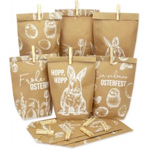 Trahoo-Lot De 12 Sacs Cadeaux Imprim&eacute;s Pour P&acirc;ques - Avec Visage De Lapin - Avec Pinces En Bois - Nid De P&acirc;ques Pour Bricoler Et Offrir - Neuf