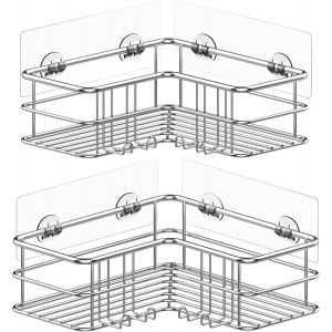 Lot de 2 étagères de douche d'angle argentées avec crochets,en acier inoxydable,sans perçage,support mural pour salle de bain - Neuf