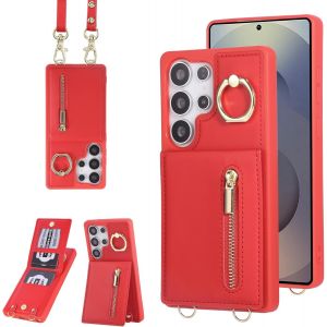 Maa-Coque Pour Samsung Galaxy S25 Ultra Coque Etui Avec Sangle Réglable Portefeuille En Cuir Anti-Rfid Pochette Magnétique Flip Case Étui Cover Housse Protection Avec Anneau-Rouge - Neuf
