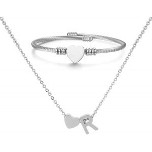 Kal-Collier Pendentif Lettre Initiale Personnalisée Femme Collier Initiale Coeur Bracelet Coeur Ouvert Ajustable Bracelet De Manchette En Acier Inoxydable A-Z Pendentif Collier Femmes Filles - Neuf