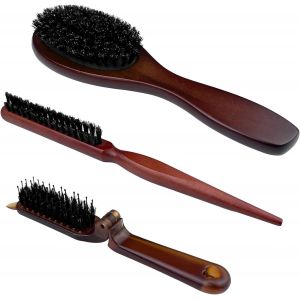Kalanka-3 Pièces Brosse Cheveux, Brosse Poils Sanglier, Brosses À Cheveux, Brosse A Barbe Homme, Brosse À Chignon, Brosse Plaquante Cheveux Pour Cheveux Longs, Bouclés, Secs Ou Abîmés (Marron) - Neuf