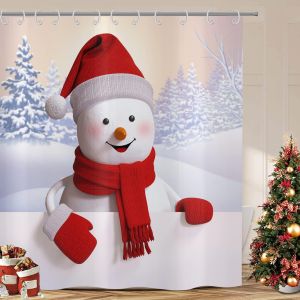 TIANYI-Rideau de Douche de Noël 180x180 cm, Chapeau Rouge Mignon Bonhomme de Neige Ski Paysage de Neige Lavables Textile Rideau Douche imperméable pour Baignoire avec 12 Crochets - Neuf