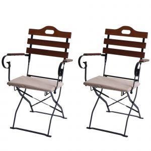 Lot De 2 Chaises De Terrasse Hwc-J40, Chaise Pliante, Qualit&eacute; Restauration, AcaciaMarron, Rembourrage Beige - Neuf