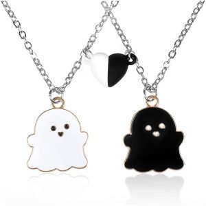Asas-2 Pièces Collier D'amitié Pendentif Fantôme Magnétique Collier De Couple Mignon Pour Femme Noir Blanc Chaîne D'amitié Pendentif En Acier Inoxydable Bijoux Pour Femmes Filles - Neuf